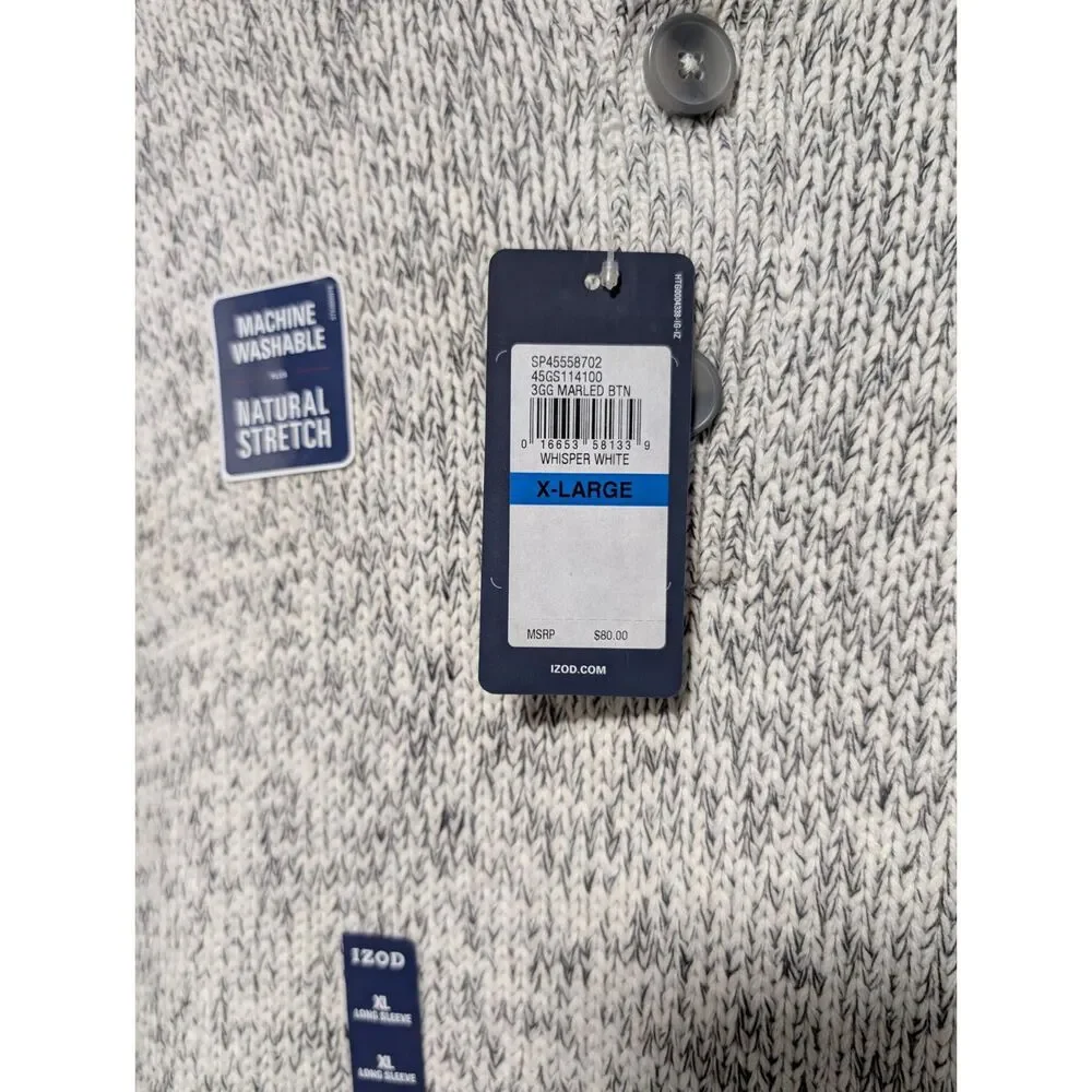 Izod Whisper White Marled Knit Mock Neck Cotton Sweater Quarter Button New‎ XL